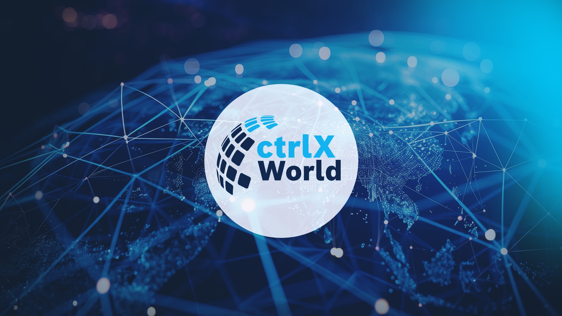 Blue background featuring a globe with a network structure. In the center, there is a white, semi-transparent circle displaying the ctrlX World logo.
