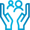 Blue pictogram shows two upward-facing, interlocked hands holding two people.