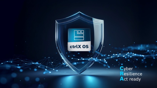 ctrlX OS app icon inside a security shield on a dark blue background.
