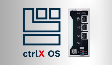 Abbildung einer ctrlX CORE und dem ctrlX OS Icon auf weiß-grauem Hintergrund.