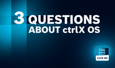 Dunkelblauer Hintergrund auf dem sich im rechten unteren Eck das ctrlX OS App-Icon befindet. Mittig steht: 3 questions about ctrlX OS.
