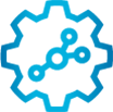 Blue pictogram shows a gear containing three circles that are connected to each other via a fourth circle.