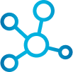 Blue pictogram shows four circles connected to each other through a fifth circle with lines.