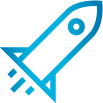 Blue pictogram shows a rocket launching diagonally upward.