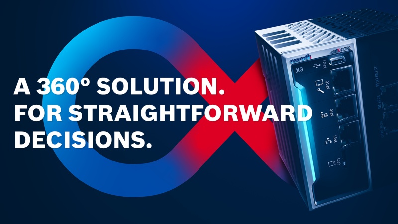 A red infinity symbol on a dark blue background, partially covered by a product image of the ctrlX CORE X3. Above it is the text A 360 Degree Solution For straightforward decisions.
