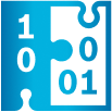 Blaues Piktogramm zeigt zwei farblich unterschiedliche, ineinander passende Puzzleteile. Auf dem einen steht '1' und '0', auf dem anderen '0' und '01'.