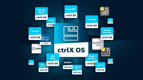 Viele verschiedene ctrlX OS App-Icons auf dunkelblauem Hintergrund.