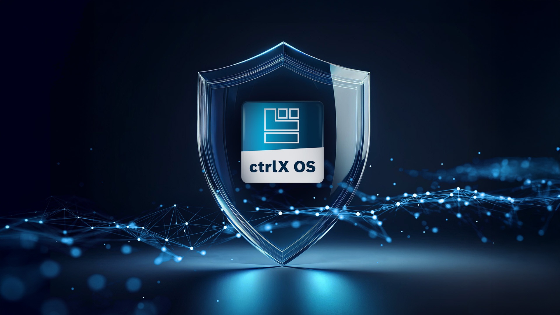 ctrlX OS app icon inside a security shield on a dark blue background.
