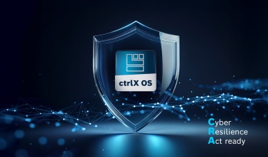 ctrlX OS App-Icon in einem Sicherheitsschild auf dunkelblauem Hintergrund.