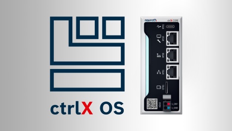 Illustration of a ctrlX CORE and the ctrlX OS icon on a white-gray background.