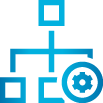 Blue pictogram shows a rectangle connected to three smaller rectangles below it. The third rectangle is overlaid with a gear.