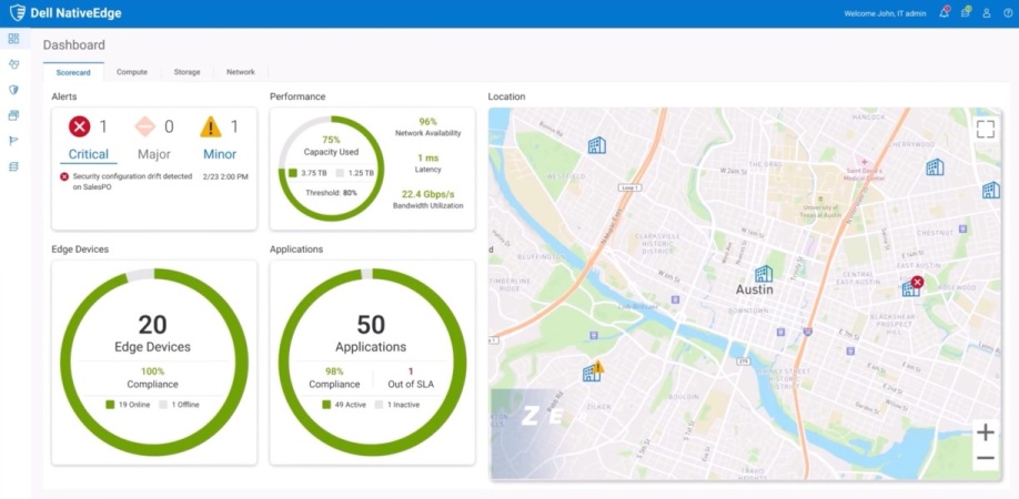 Interface of Dell NativeEdge displaying a dashboard with information on alerts, performance, devices, and applications, as well as a map.
