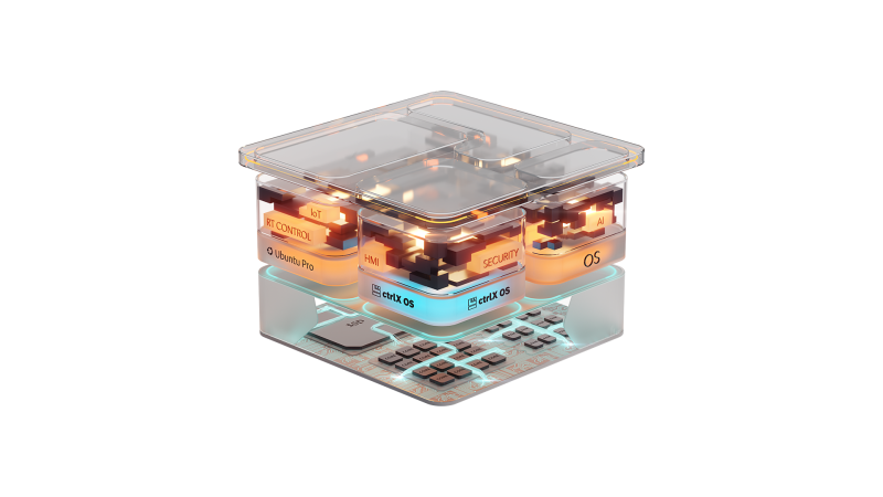 Semi-transparent cube made up of several modules assembled like building blocks. Each module contains smaller modules labeled ctrlX OS, OS, and Ubuntu Pro.
