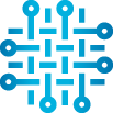 Blue pictogram shows circles with lines extending from them, arranged in a pattern resembling a woven fabric.