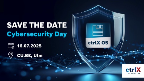 ctrlX OS App-Icon in einem Sicherheitsschild auf dunkelblauem Hintergrund und einem Textoverlay: SAVE THE DATE Cybersecurity Day.